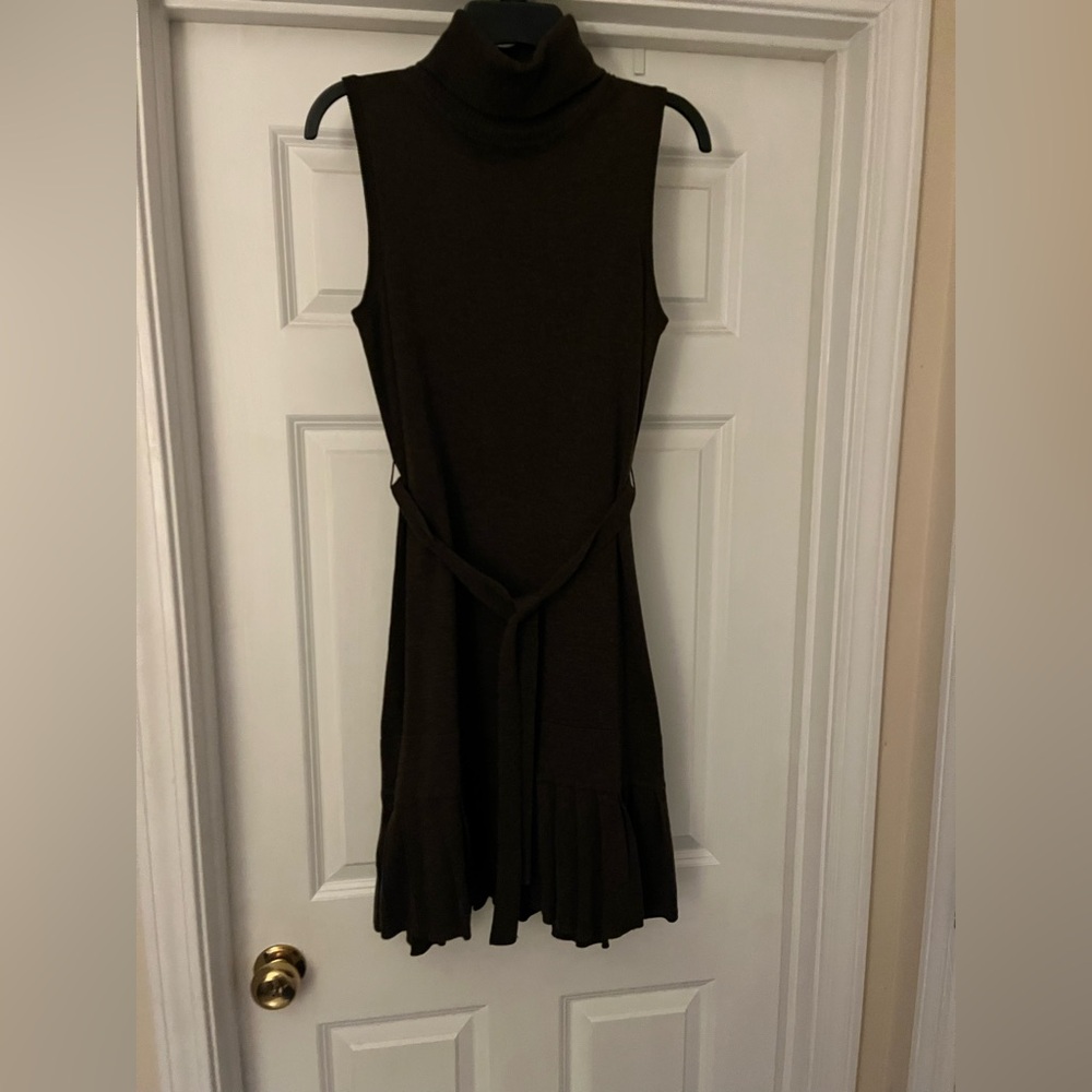 Calvin Klein • Brown Sleeveless Turtleneck Sweater Dress • Belted • Ruffle Hem